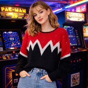 80s Retro Bramble Chevron Red, Black & White & Pearls Knit Sweater Sz. Med.